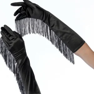 Mapale Satin Opera Gloves with Fringe Black One Size