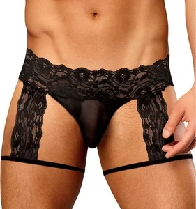 Male Power Scandal-Lace Garter Shorts L/XL Black - Mesh & Lace Design