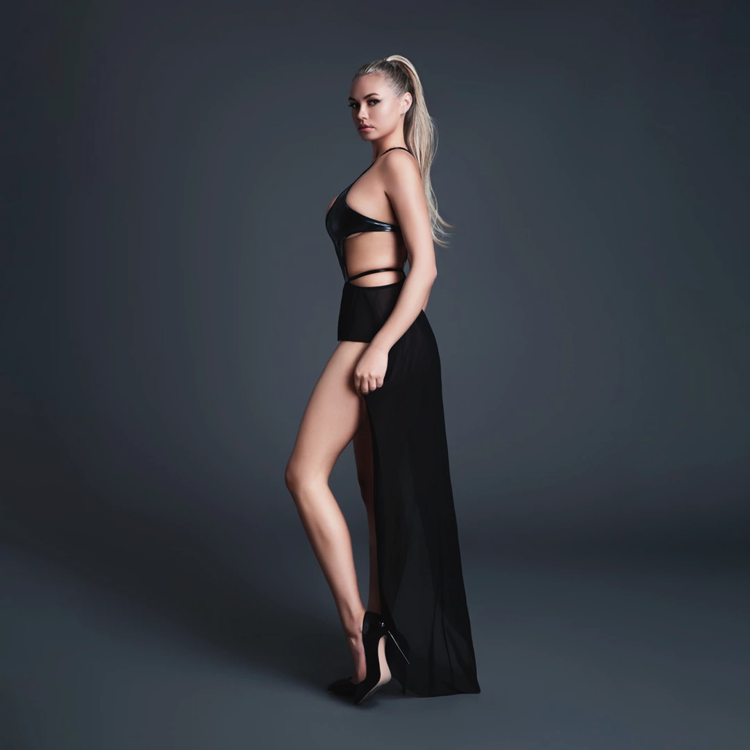 Take Me Vinyl & Mesh Bodysuit with Flirty Skirt L Black