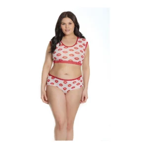 Leg Avenue Plus Size Lip Print Crop Top and Shorts Set White