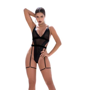Dreamgirl Bodysuit M/L Black - Mesh & Faux Leather Design, Adjustable Fit