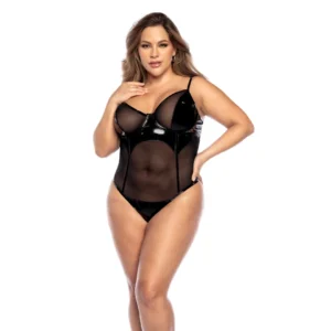 Mapale Wet Black Vinyl and Mesh Bodysuit 3/4X Adjustable Fit