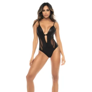 Fenna Bodysuit L/XL Wet Look Black - Adjustable Mesh & Leather-Effect Design