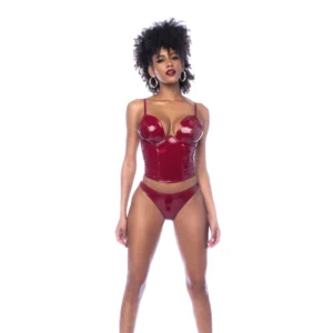 Allure Two-Piece Bustier L Gloss Wine Red Adjustable Vinyl Set