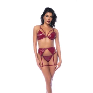 Leg Avenue Three-Piece Vinyl Lingerie Set S Wine Red Adjustable Straps