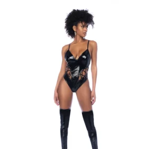 Leg Avenue Gloss Black Lace-Up Vinyl Bodysuit L Adjustable Front