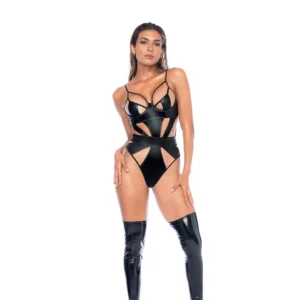 Leg Avenue Bodysuit M Wet Look Black with Underwire & Cut-Out Design