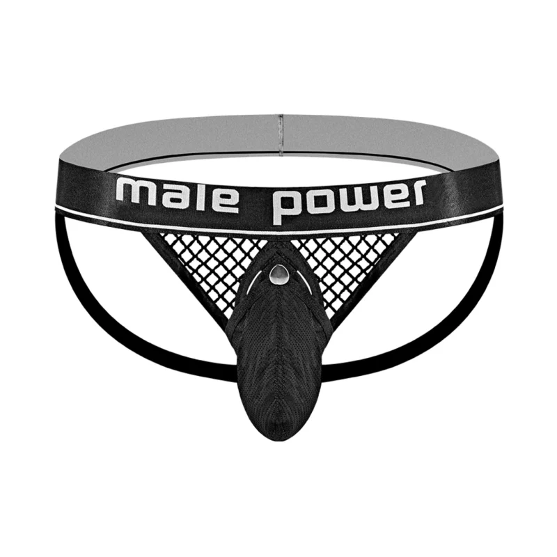 Male Power Cock Pit Net Jockstrap L/XL Black with Detachable Pouch