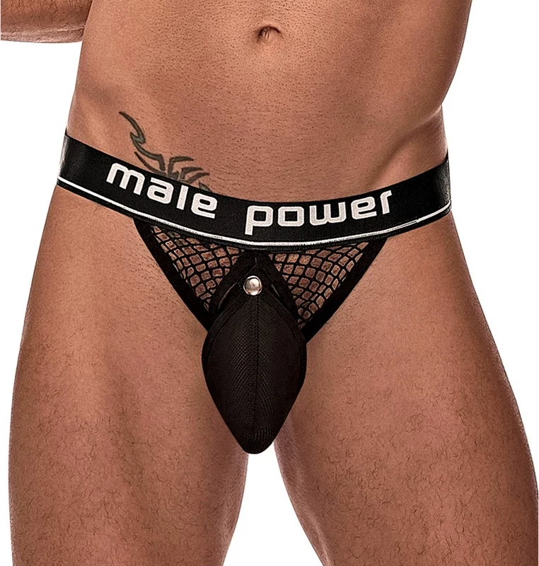 Male Power Cock Pit Net Jockstrap L/XL Black with Detachable Pouch