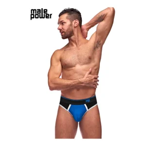 Male Power Retro Sport Panel Thong L/XL Black-Blue White Trim