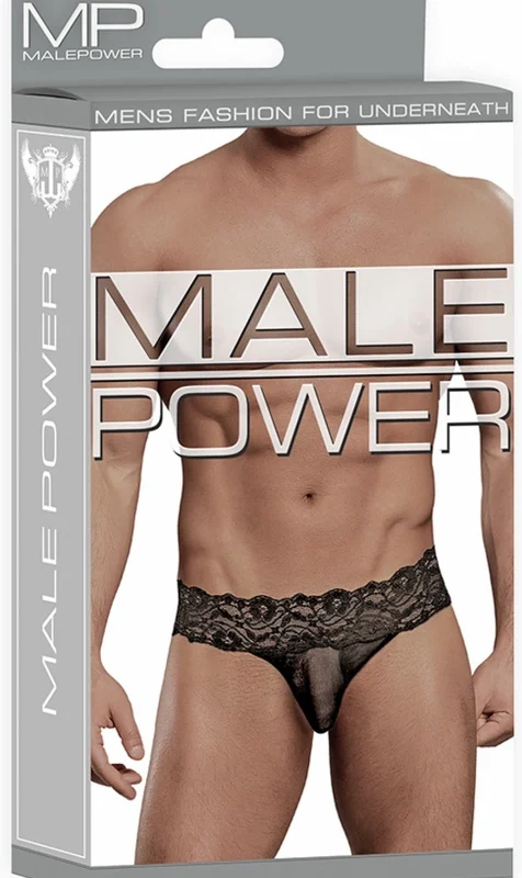 Male Power Scandal-Lace Micro Thong L/XL Black - Mesh & Lace Waistband