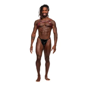 Male Power Leo Adjustable Leather-Look Chest Harness Black/Red One Size