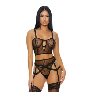 Made to See Mesh Lingerie Set L - Sheer Vine Texture & Garter Belt
