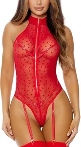 Leg Avenue Eat Your Heart Out Mesh Teddy XL with Heart Pattern & Garter Straps