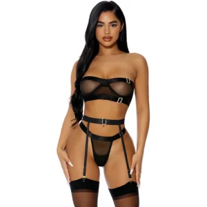 Dreamgirl Good As Gold Mesh Lingerie Set XL - 3-Piece with Garter Belt