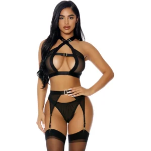 Dreamgirl Golden Hour Mesh Lingerie Set XL - 3-Piece with Satin Details