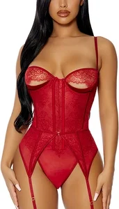 Peek Show Lingerie Set S - Lace Bodysuit & Garter Belt, Black