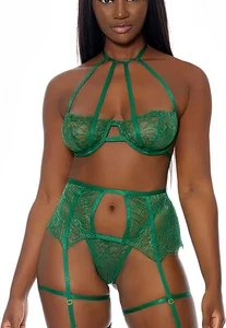 Dreamgirl In Full Bloom 3-Piece Lace Lingerie Set S Halterneck Black