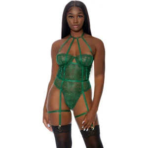 Fantasy Lingerie Watch Her Bloom Lace Teddy M Mesh Halterneck Garter