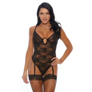 Lovehoney Your Lace or Mine Teddy Model S with Garter Straps Black