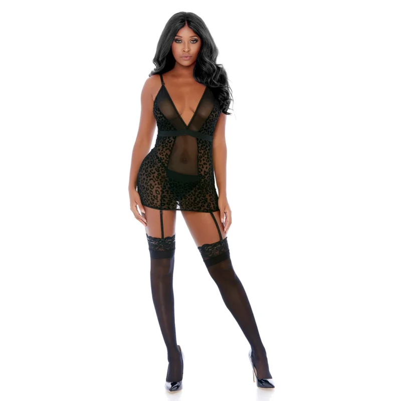 Feline Frisky Chemise Set XL - Animal Print Mesh & Garter System by Fantasy Lingerie