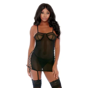 Fantasy Lingerie Ring It On Mesh Nightgown Set with O-Ring Detail M