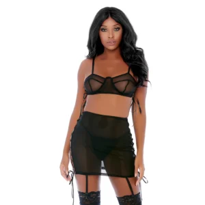 Fantasy Lingerie Put O-ring On It Skirt Set L - Three-Piece Mesh Design