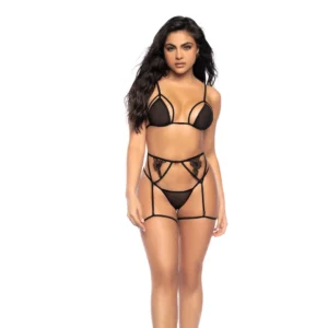 Leg Avenue Three-Piece Lingerie Set Black S/M Floral Mesh Design