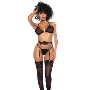 Dreamgirl Three-Piece Sheer Mesh Set S/M Black with Embroidered Details