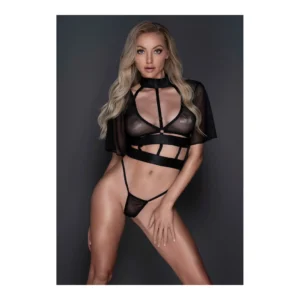 Dreamgirl Dreamer Corset Set with Sheer Mesh Thong Black One Size