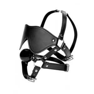 XR Brands Strict Eye Mask Harness with Adjustable Ball Gag Black