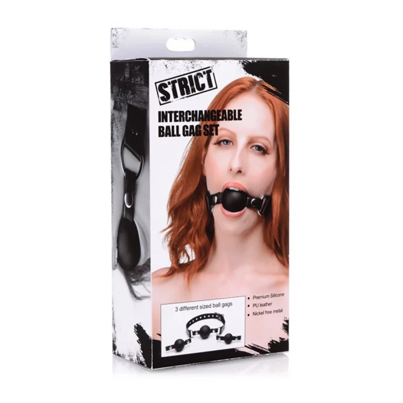XR Brands Interchangeable Silicone Ball Gag Set Adjustable Strap Black
