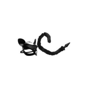 XR Brands Cat Tail Intimate Accessory Set - Black Leather Mask & Tail Plug