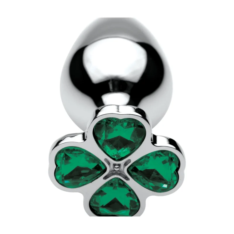 XR Brands Lucky Clover Metal Intimate Plug Medium Silver Gem