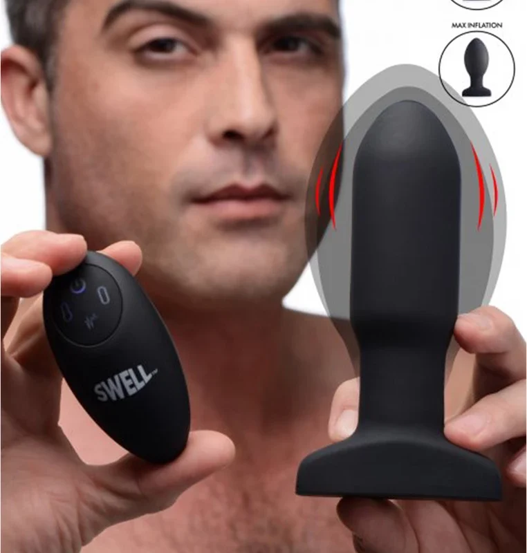 XR Brands Inflatable Silicone Plug with Remote Control, Black, Medium