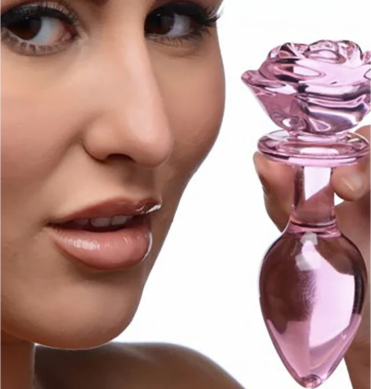 XR Brands Pink Rose Glass Intimate Plug Large - Artistic Borosilicate