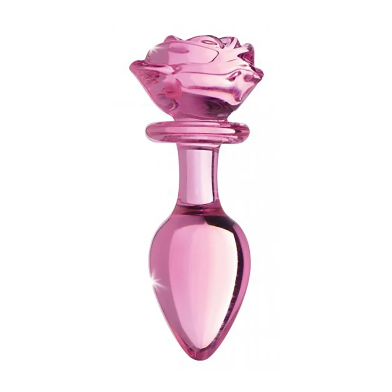 XR Brands Pink Rose Glass Intimate Plug Large - Artistic Borosilicate