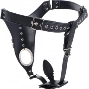 XR Brands Master Series Leather Chastity Harness with Silicone Plug, Adjustable