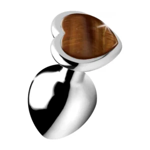 XR Brands Heart-Shaped Tiger Eye Medium Plug - Brown Metal, 3 Inch