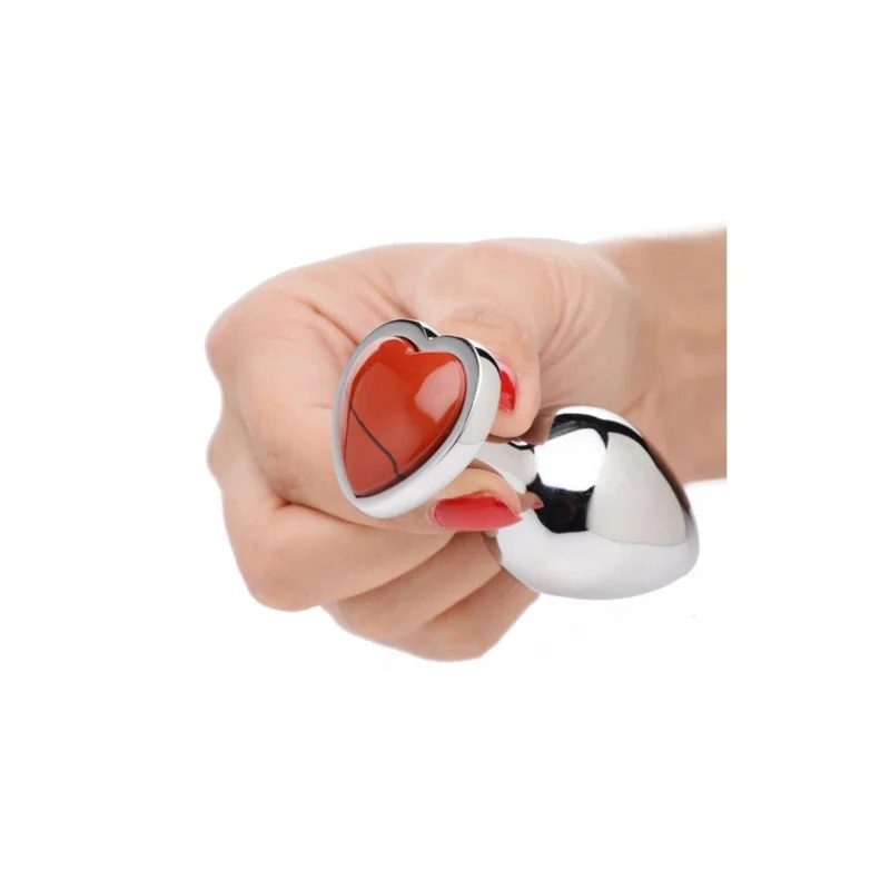 XR Brands Red Jasper Heart Plug Medium - Aluminum, Gem Accent