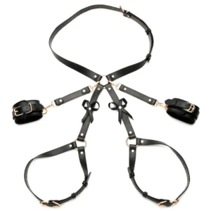 XR Brands Bondage Harness M/L Black - Adjustable Faux Leather with Bows