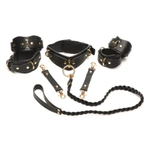 XR Brands Vegan Leather Restraint Set Black - Adjustable, Gold Details