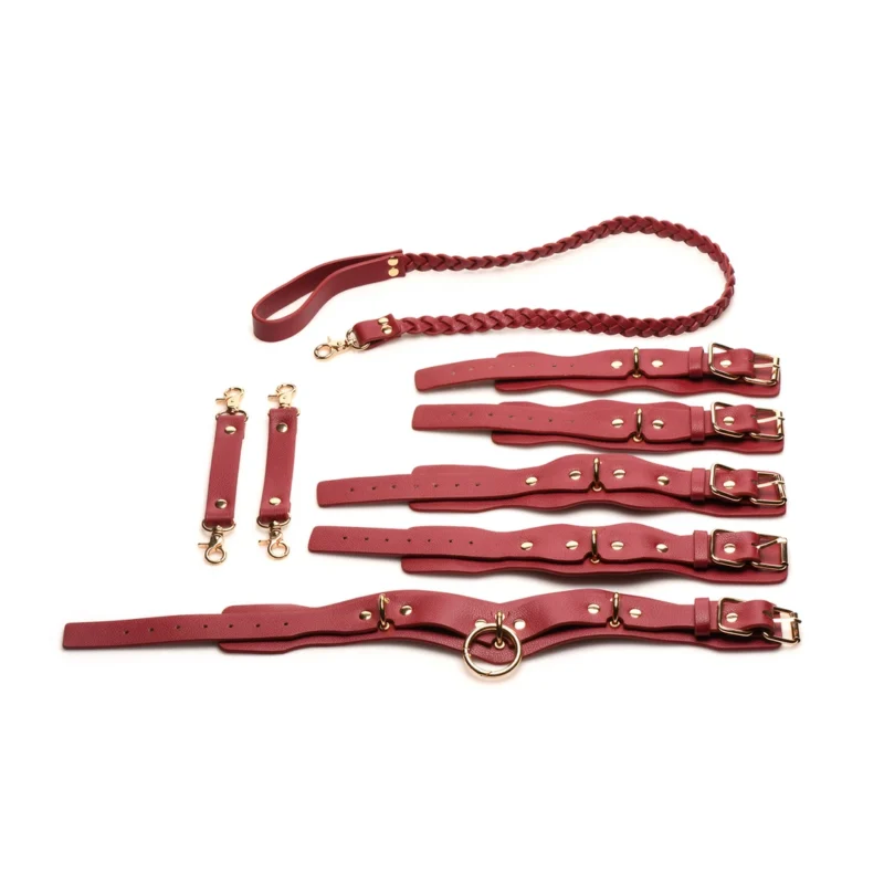 XR Brands Vegan Leather Restraints Set Red Adjustable Buckles