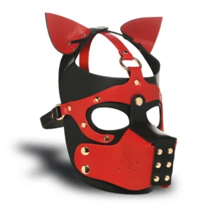 Master Series Vegan Leather Canine Hood with Removable Muzzle Black/Red