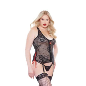 Dreamgirl Suzi Corselette Plus Size with Gold Zipper & Red Ribbons