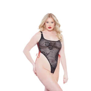 Kitten Plus Size High-Cut Lace Bodysuit with Open Design - Black