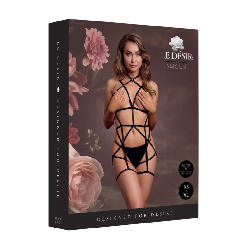 Shots Strappy Open Cup Body Harness with Garters Black One Size