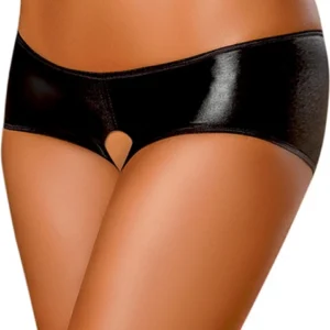 Magic Silk Panty Split Back Shorts L/XL Black Wet-Look Satin Bow