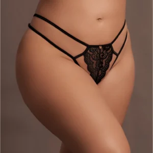 Faye Plus Lace Thong Adjustable Fit Golden Accents Black XL+