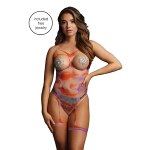 Allure Open-Cup Tie Dye Bodystocking with Decorative Bling Stickers, One Size
